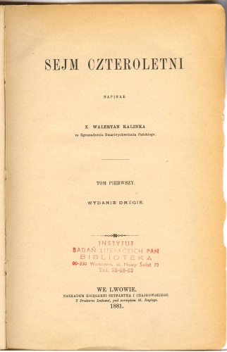 Okładka: Walerian Kalinka - Sejm Czteroletni. T. 1